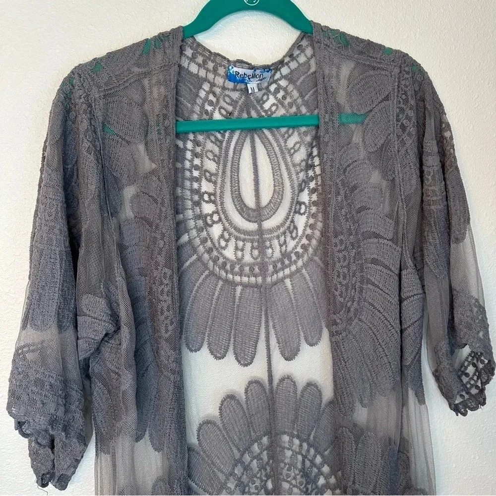 Rebellion Again Women’s Blue Boho Lace Kimono Cardigan Wrap Size Medium - Picture 2 of 11